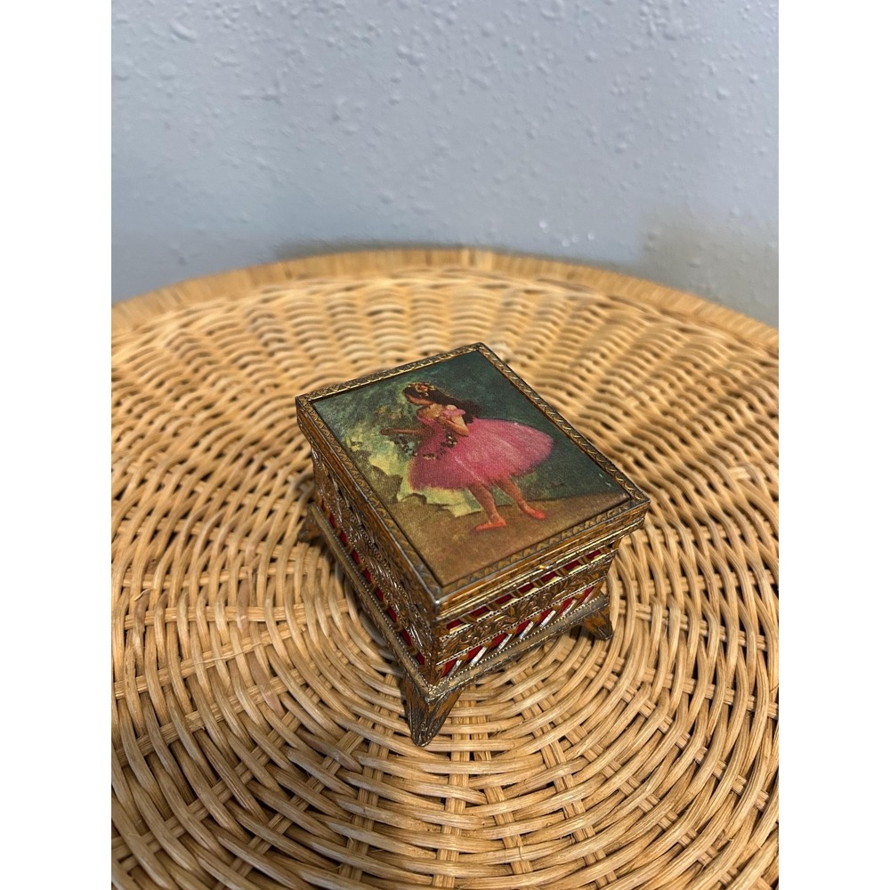 Vintage Brass Trinket Box Degas "Dancer in a Rose Dress" Satin Printed Lid